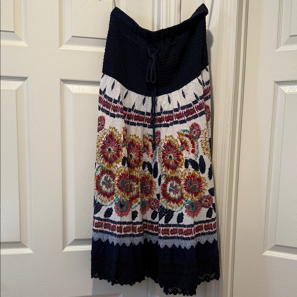 Boho Granny Navy Floral Autumn Cottagecore Flowy Crochet Earthy Midi Skirt M